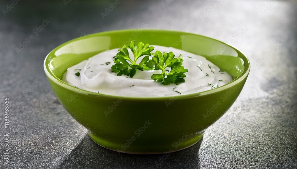 green bowl of sour cream dip sauce with herbs green bowl of sour cream dip sauce with herbs
