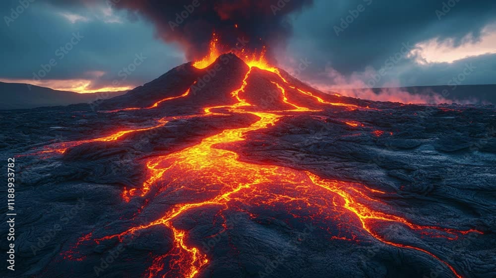 Dramatic Volcanic Eruption at Twilight with Glowing Lava, volcanic eruption, glowing lava, twilight scene, fiery sky, dramatic landscape
Dramatic Volcanic Eruption at Twilight with Glowing Lava, volcanic eruption, glowing lava, twilight scene, fiery sky, dramatic landscape
