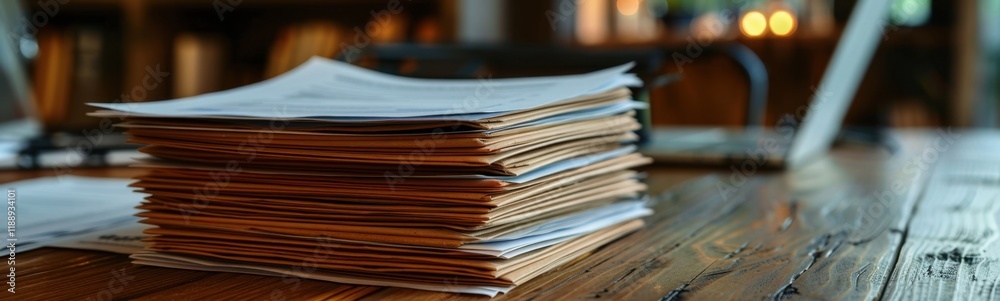Stack of papers sitting on a table next to a laptop, banner, copy space Stack of papers sitting on a table next to a laptop, banner, copy space