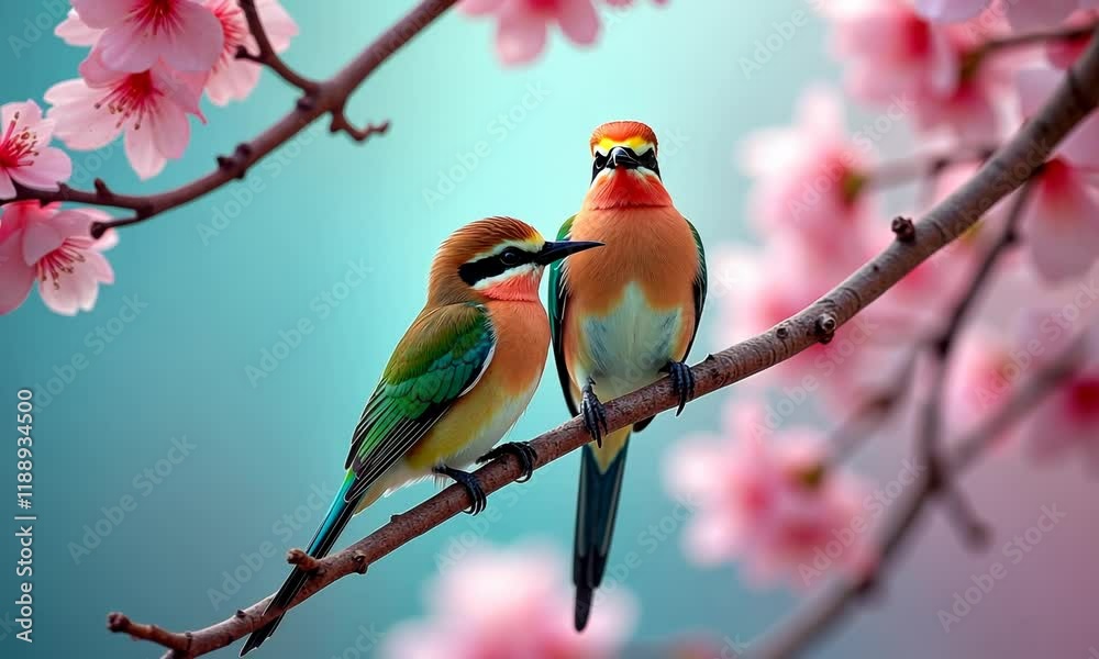 Two colorful birds perched on a branch amidst blooming pink flowers.