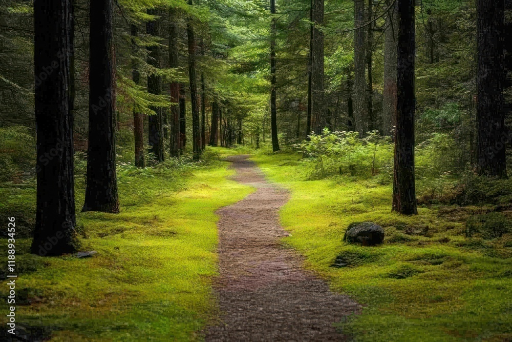 Naklejka premium Forest Path Winding Through Lush Green Mossy Landscape