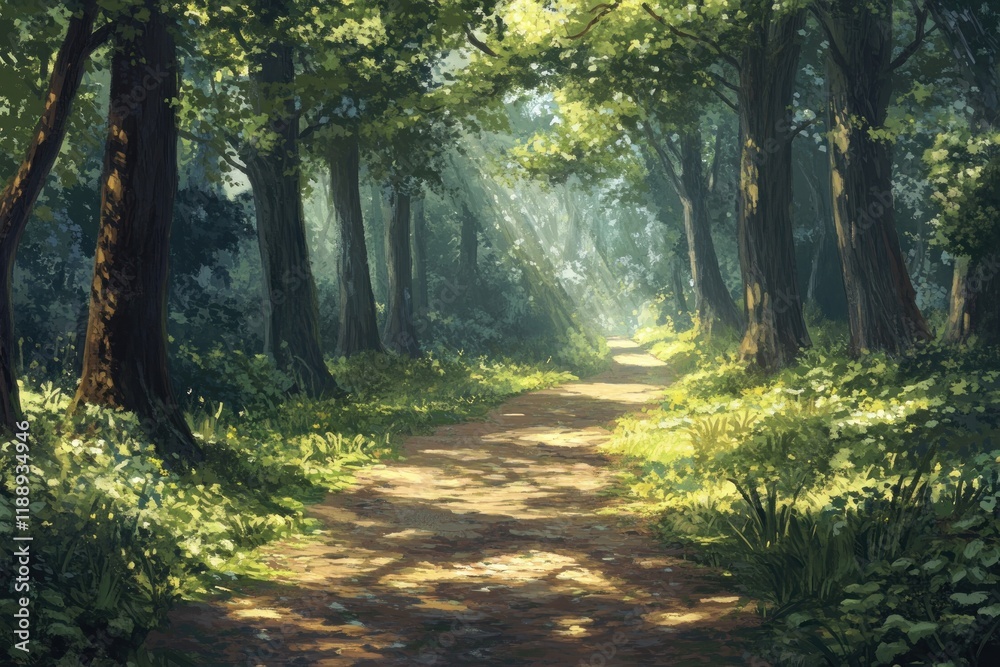 Naklejka premium Sunlit Path Through A Lush Green Forest