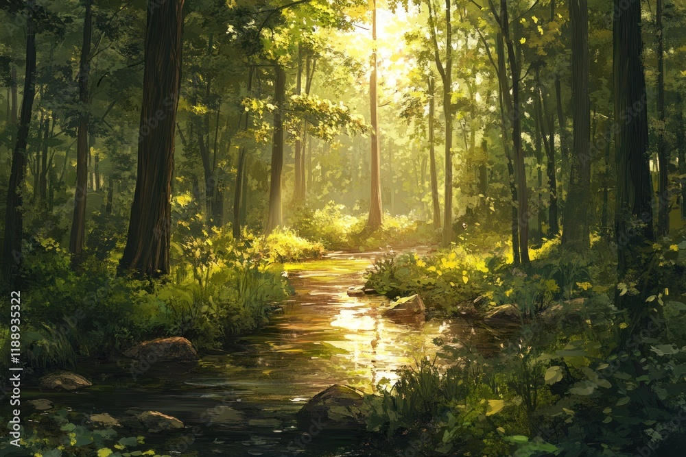 Obraz premium Sunlit Forest Stream A Serene Woodland Scene