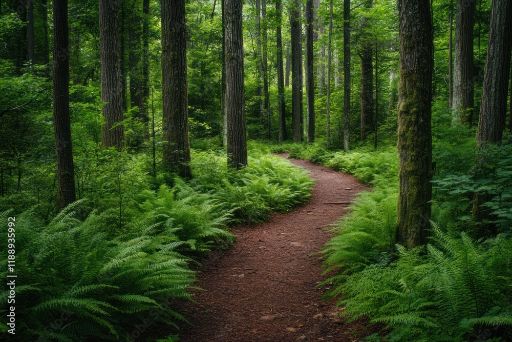 Fototapeta premium Forest Trail Winding Through Lush Green Ferns