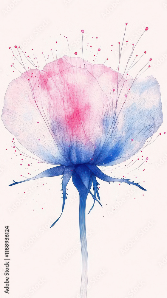 Obraz premium Delicate watercolor flower with pink and blue hues, evoking tranquility