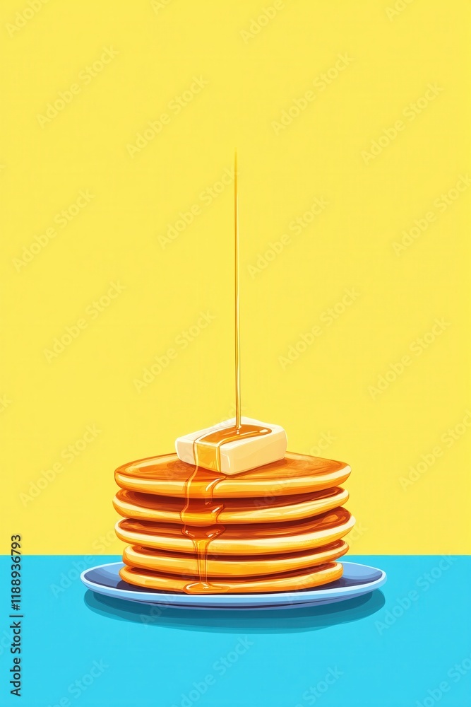 Delicious Pancakes Stack with Syrup and Butter Golden Yellow Background Delicious Pancakes Stack with Syrup and Butter Golden Yellow Background