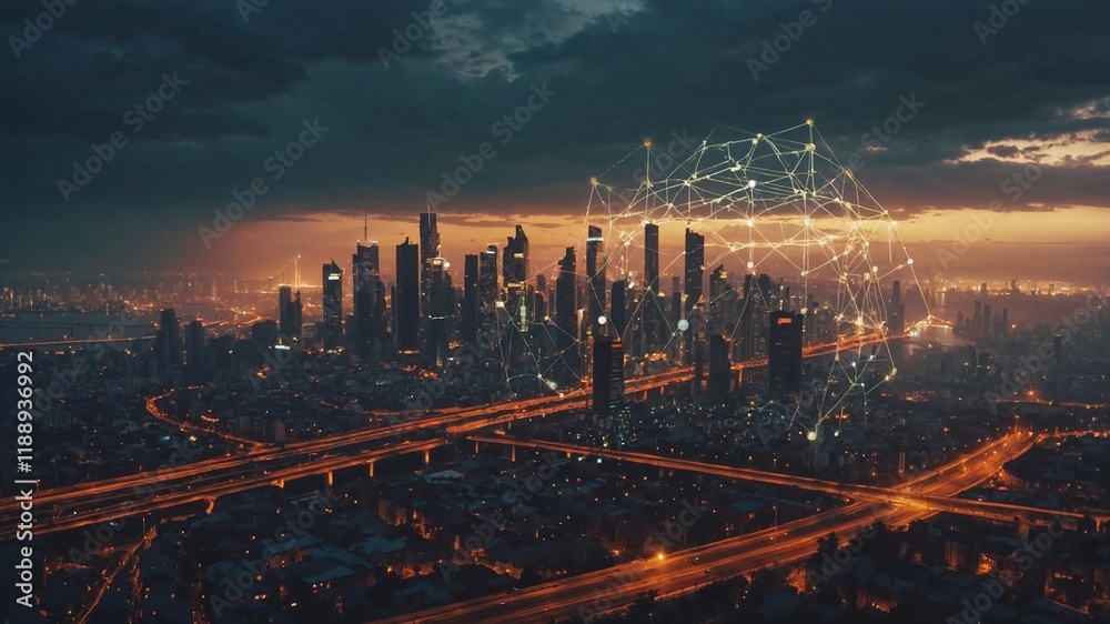 Obraz premium A modern city with a wireless network connection concept and cityscape. Technology concept.