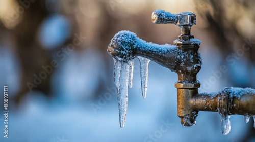 Frozen outdoor faucet with icicles hanging, winter scene. photo