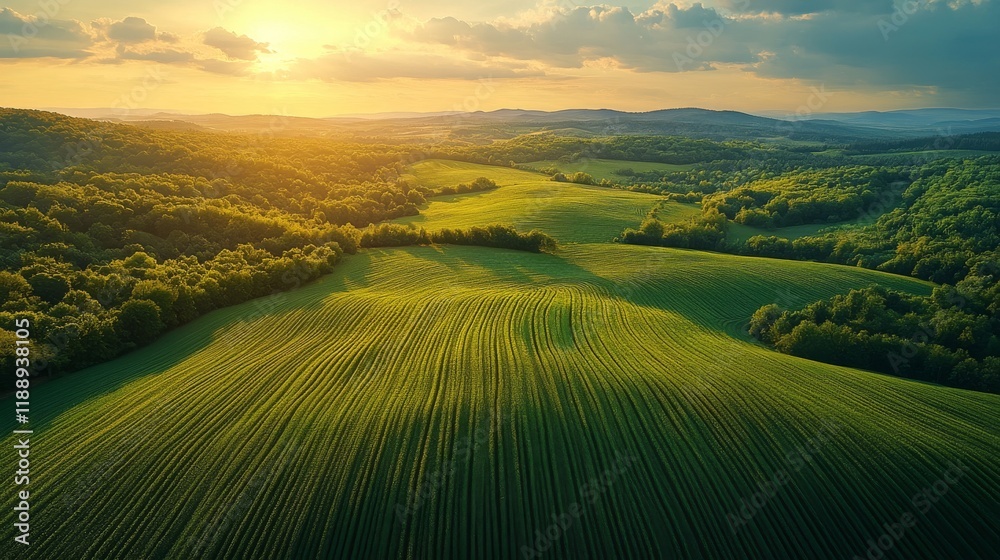 Obraz premium Golden Hour over Rolling Hills and Green Fields creating a majestic landscape with a sun setting sky