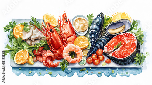 Food illustration seafood and vegetables. Seawood. Illustration photo