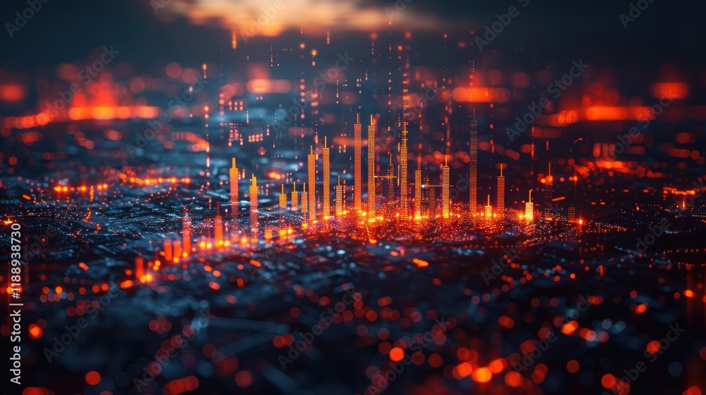 Fototapeta premium Futuristic city skyline at night with glowing buildings and particles.