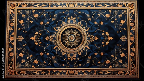Ornate Dark Blue Panel With Gold Floral Design