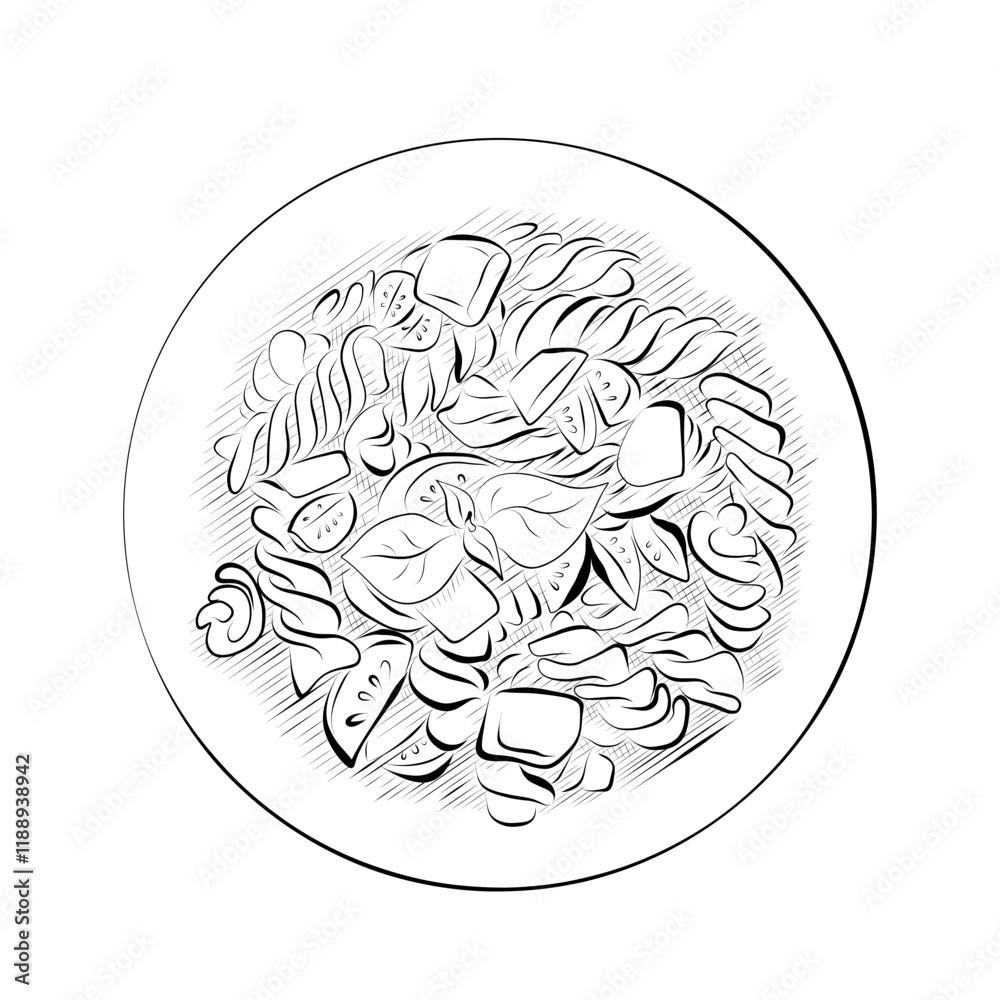 Line Drawing. Food in Line Art Style - Italian Cuisine Pasta with Tomatoes and Basil Line Drawing. Food in Line Art Style - Italian Cuisine Pasta with Tomatoes and Basil