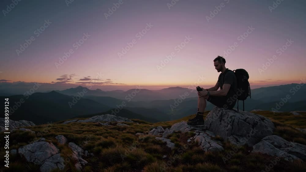 A man who hikers enjoys a break look at the top of the mountain at sunset adventure travel A man who hikers enjoys a break look at the top of the mountain at sunset adventure travel