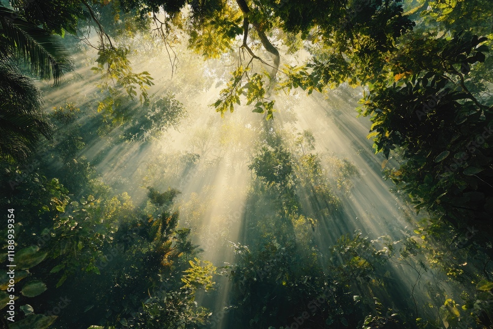 A wide-angle view of the canopy above, showcasing dense green foliage and sunlight filtering through the trees. A wide-angle view of the canopy above, showcasing dense green foliage and sunlight filtering through the trees.