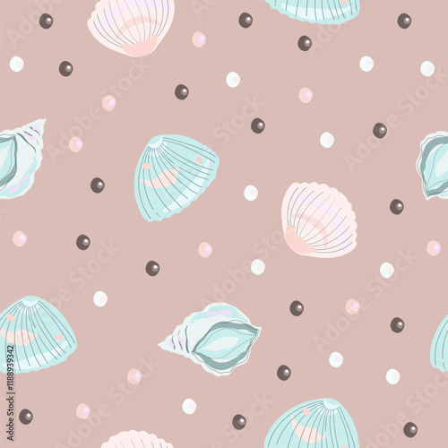 Marine print, shells, sand, pearls, scallop, coastal nature seamless pattern, ocean waves, underwater world. Vector illustration, pastel colors.