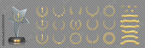 Glass award trophy vector set. Collection of 3d realistic crystal mockup prize for winner of star shape with number 1, different gold laurel wreath, ribbons and crowns on transparent background.