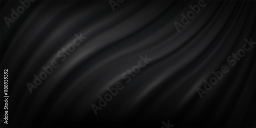 Black silk fabric luxury background with limbo effect. Wavy abstract satin cloth texture backdrop for product display or photo. Realistic modern vector banner.