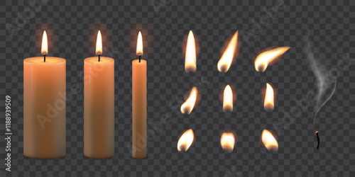 Candle flames. Candlelight fires vector illustration set. Realistic flame light on wick of candlestick, small romantic glow flare in night, collection isolated on transparent background.