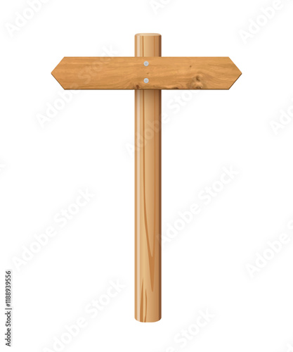 3d wooden signboard vector illustration. Realistic wood sign post. Blank arrow with wood texture, plywood road pointer. City guidance.