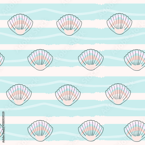 Marine print, shells, sand, pearls, scallop, coastal nature seamless pattern, ocean waves, underwater world. Vector illustration, pastel colors.