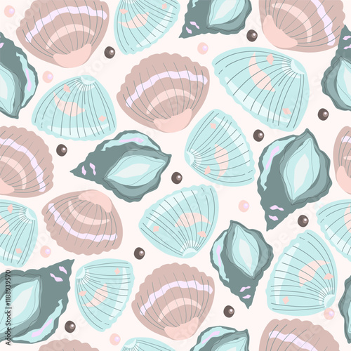 Marine print, shells, sand, pearls, scallop, coastal nature seamless pattern, ocean waves, underwater world. Vector illustration, pastel colors.
