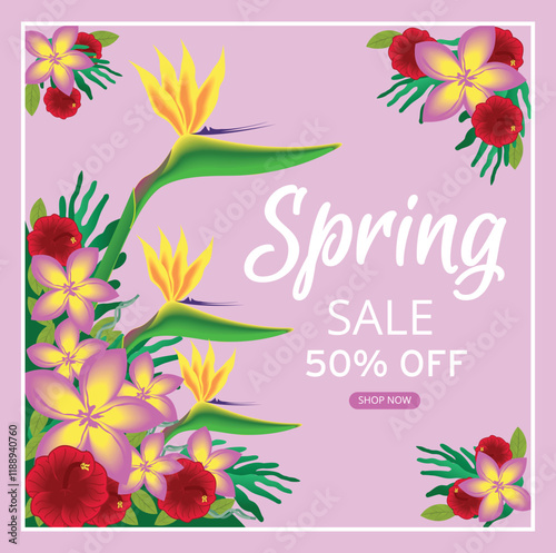 Print Vibrant Spring Sale Poster with Bird of Paradise Tropical Flowers and Discount Offer