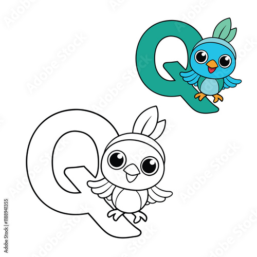 "Fun letter Q coloring page featuring a cute quetzal perched creatively on the letter! Perfect for kids to learn letters and explore vibrant colors with this tropical bird."