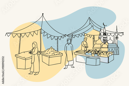 Festive Ramadan Market Flat Vector Scene of Sellers and Buyers 