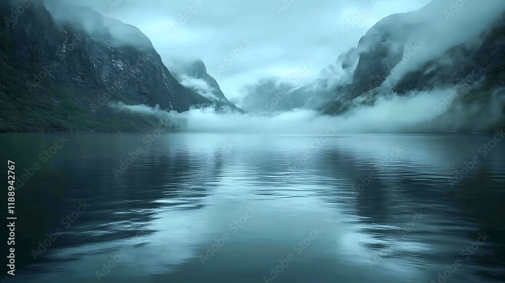 Fototapeta premium Misty Fjord Mountains Reflecting in Calm Water
