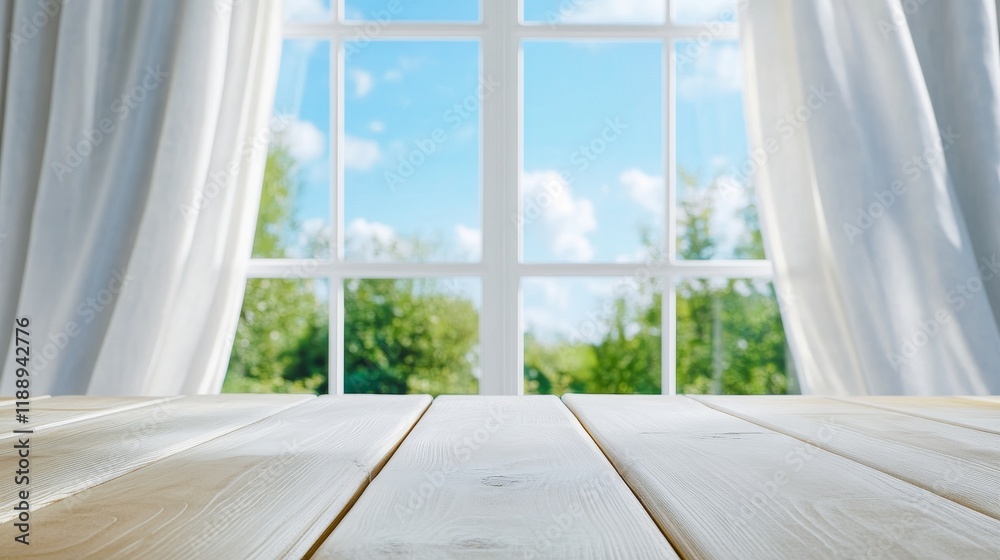 Fototapeta premium Bright Window View with Wooden Tabletop - Serene scene, sunlight, wooden surface, sheer curtains, spring view. Represents peace, renewal, and home comfort.
