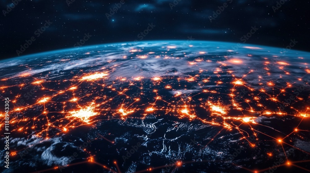 Fototapeta premium Global network connections illustrated on Earth at night.