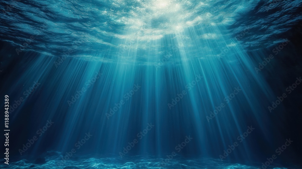 Sunlight beams down through deep blue ocean water. Sunlight rays illuminate dark depths. Tranquil underwater scene. Calm ocean surface. Beautiful underwater landscape. Aquatic nature scene. Peaceful, Sunlight beams down through deep blue ocean water. Sunlight rays illuminate dark depths. Tranquil underwater scene. Calm ocean surface. Beautiful underwater landscape. Aquatic nature scene. Peaceful,