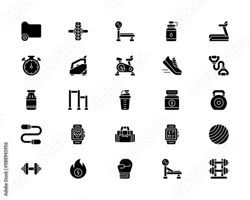 Health and Wellness Glyph Icon Set: Personal Training, Yoga Practices, and Physical Fitness Icons