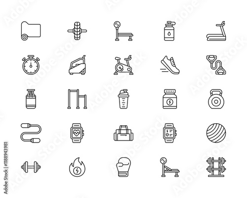 Exercise Gym Equipment Outline Icon Set: Daily Workouts, Routine Schedules, and Fitness Programs Icons