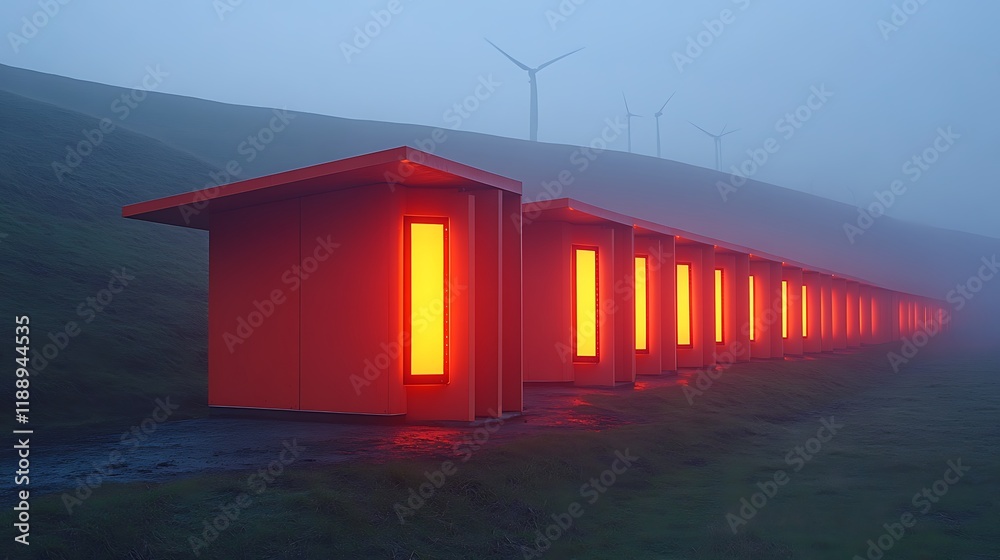 Fototapeta premium Illuminated Red Structures on a Misty Hillside with Wind Turbines