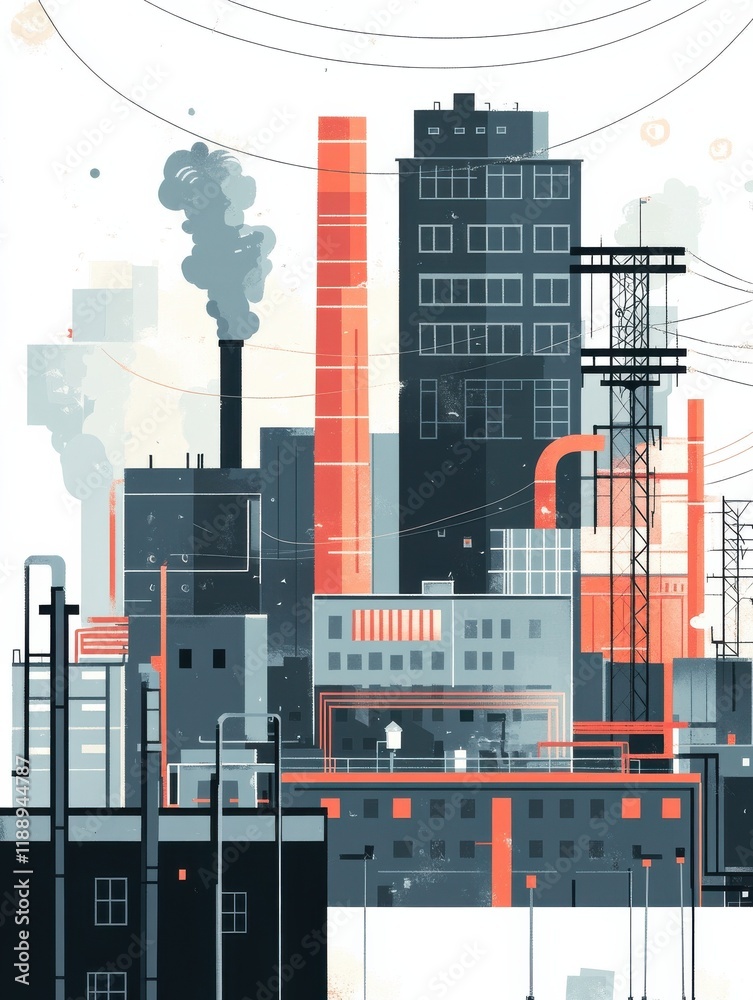 Obraz premium Flat vector illustration of a modern industrial complex with buildings, chimneys, pipes, and power lines on a white background. illustration