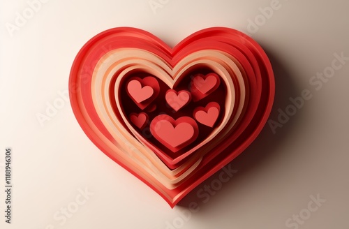 A heart-shaped paper cut-out with multiple layers of red and pink hearts