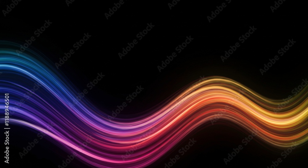 Obraz premium Rainbow Wave Abstract: Dynamic, vibrant rainbow-colored waves flow gracefully across a black background, creating a mesmerizing and energetic abstract art piece.