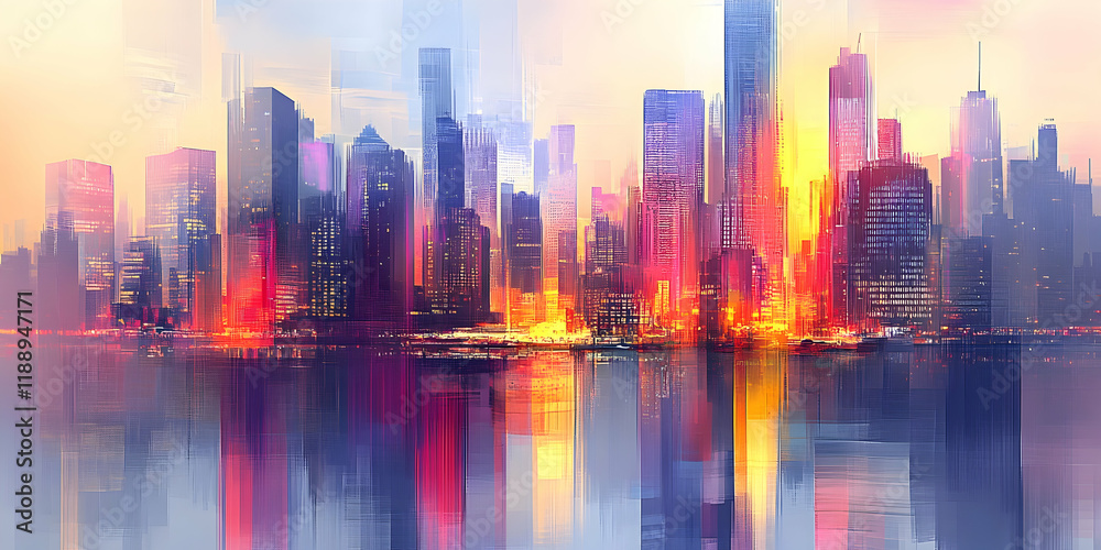 Obraz premium Abstract cityscape with reflections on water, an impressionist-style painting with soft pastel colors of sky blue and lavender.