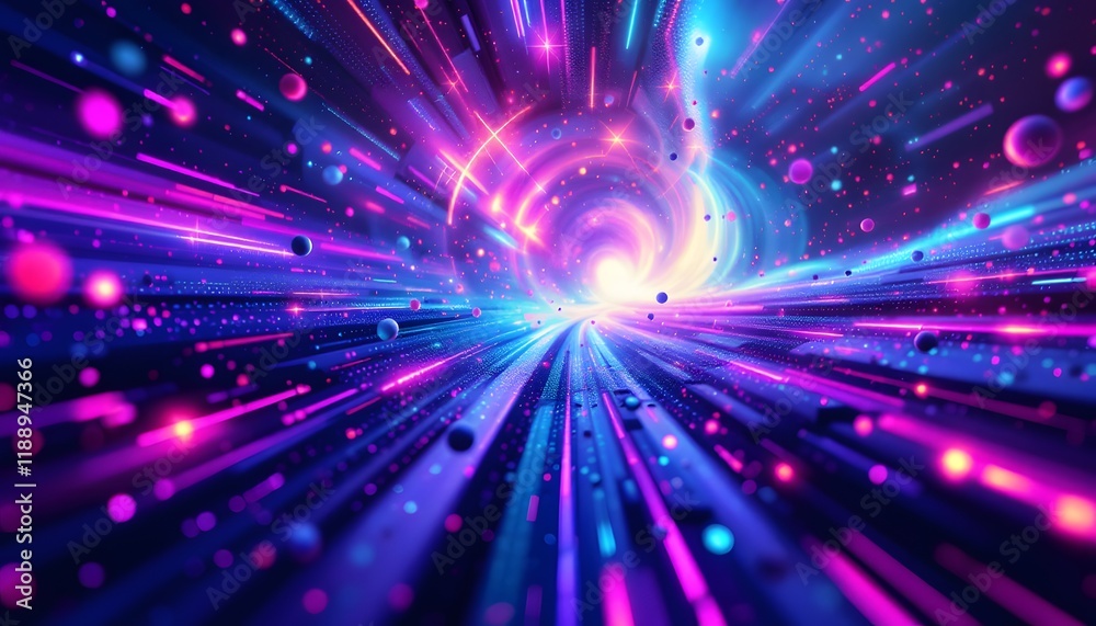 Fototapeta premium A cosmic abstract tunnel with bright streaks of light and floating spheres symbolizes infinite potential and technological advancement - suitable for tech conferences or futuristic media.
