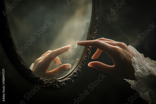 A hand touches an antique mirror reflecting a hazy image