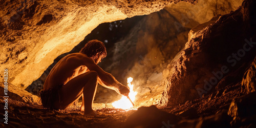 Man creating fire inside a cave during ancient times