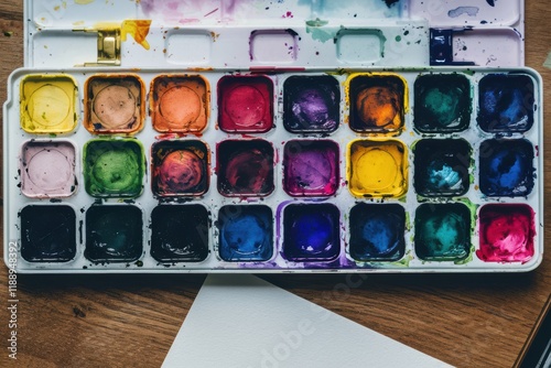 Watercolor paint palette, vibrant colors, metallic sheen, artist's tool, creative inspiration, rainbow hues, close-up photography, textured paper, artistic still life, paint splatters, colorful pigmen photo