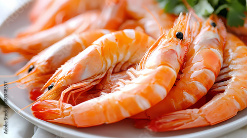 of fresh shrimp in a plate, pale pink and white tones, isolated on a white background, intricate textures, clean and bright seafood presentation. Seawood. Illustration photo