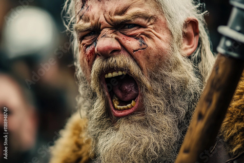 Viking warrior shouting during a fierce battle re-enactment photo