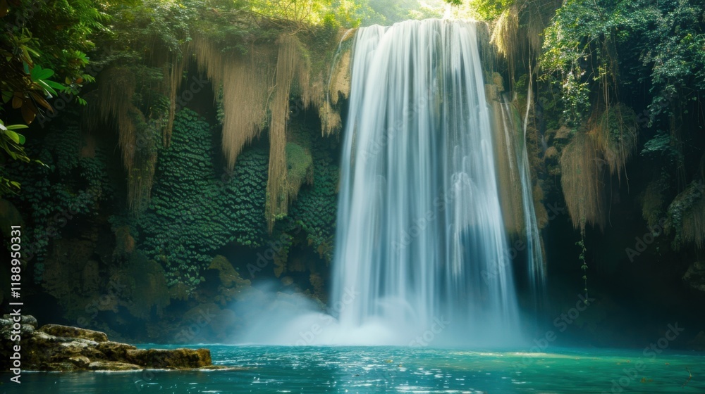 Obraz premium a majestic waterfall cascading down rugged cliffs into a pristine pool below, white space in the center of the page for text, powerful and awe-inspiring scenes against a backdrop of nature's grandeur