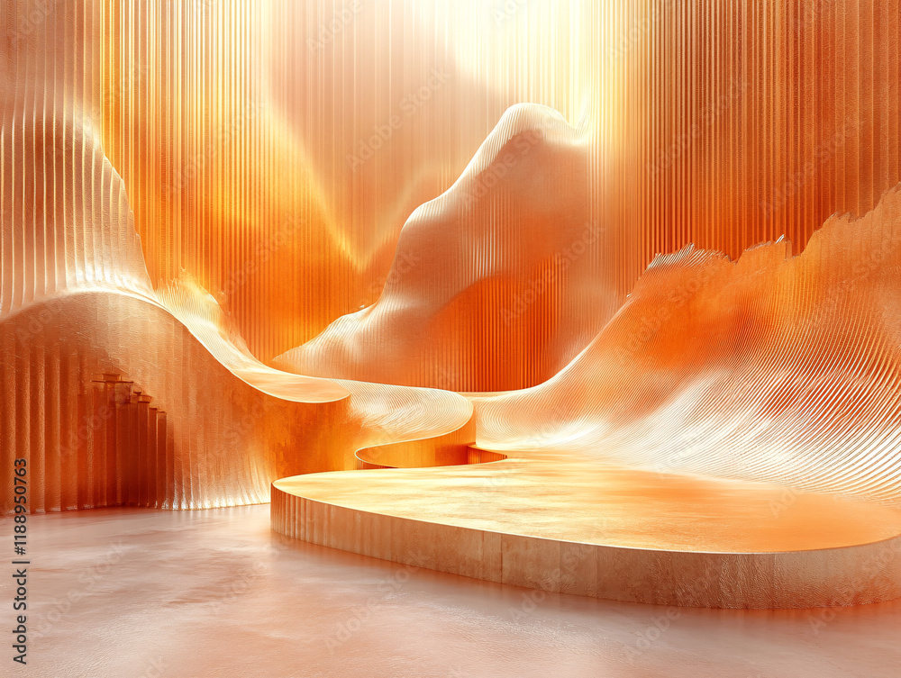 Fototapeta premium Chinese new year theme, futuristic, abstract scene with a golden, wave-like structure and a smooth, rounded platform in the foreground, all set against a textured, vertical line background. 
