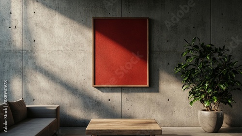 A Minimalist industrial living room with concrete wall, red artwork, and plant