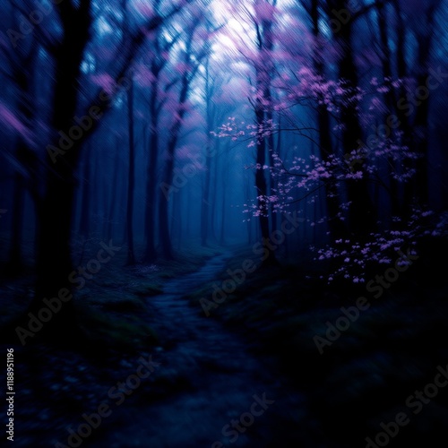 Dark Forest Trail with Pink Blossoms Night Photography